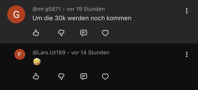 Two YouTube comments in German responding to a post about Bitcoin possibly dropping to $30k. Commenter @mr.g5871 asserts "Um die 30k werden noch kommen" ("The 30k will still come"), while @Lars.lzt189 simply replies with a laughing emoji.