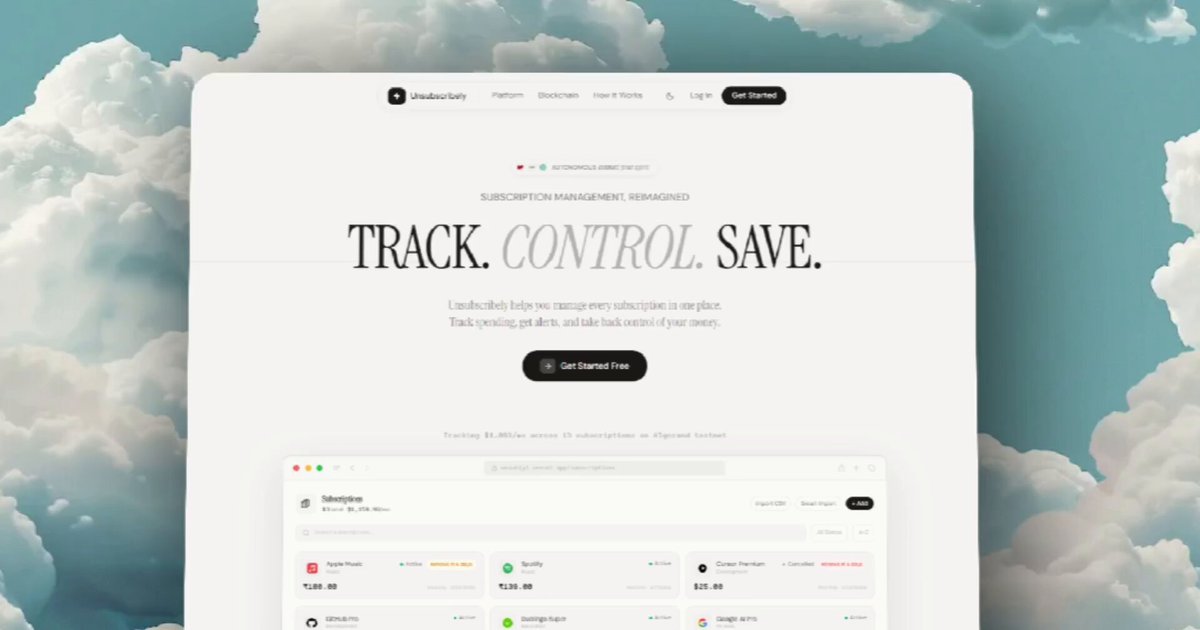 The image features a computer screen displaying a website called "Track. Control. Save." The background of the image shows a sky filled with clouds, creating an interesting visual effect that complements the content displayed on the screen. The text on the screen reads "Track. Control. Save," and there is also a small logo in the bottom right corner.
