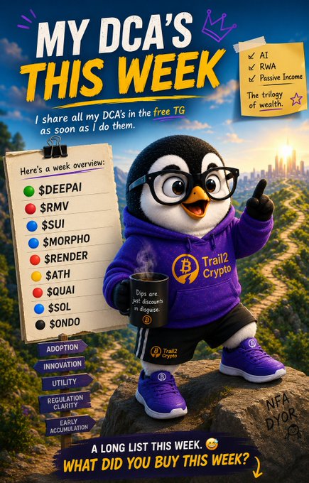 The image features a cartoon penguin wearing a purple hoodie, holding a cup of coffee while standing on a rock. The poster also includes text that reads "MY DCA'S THIS WEEK I share all my DCA purchases in the free TG the moment I make them Here' s what I bought this week: $DEEPAI $RMV $SUI $MORPHO $RENDER $ATH $QUAI $SOL $ONDO quite a long list this week What did you buy this week?". The penguin character is positioned in the center of the poster, drawing attention to the text and the image.