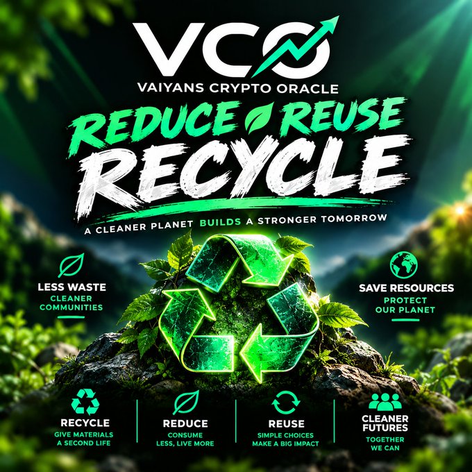 A green-themed environmental graphic for 'VCO VAIYANS CRYPTO ORACLE' promoting 'REDUCE REUSE RECYCLE' with the tagline 'A CLEANER PLANET BUILDS A STRONGER TOMORROW' and icons for less waste, saving resources, and cleaner futures.