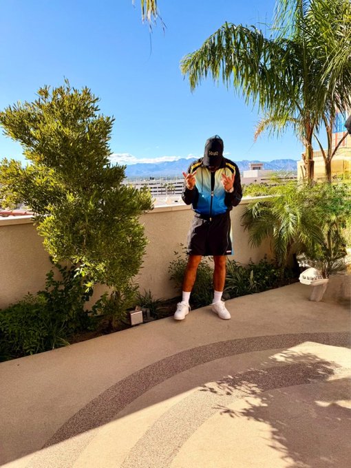 A person wearing a mask and cap stands on a sunny outdoor patio surrounded by greenery, making hand gestures with mountains visible in the background.