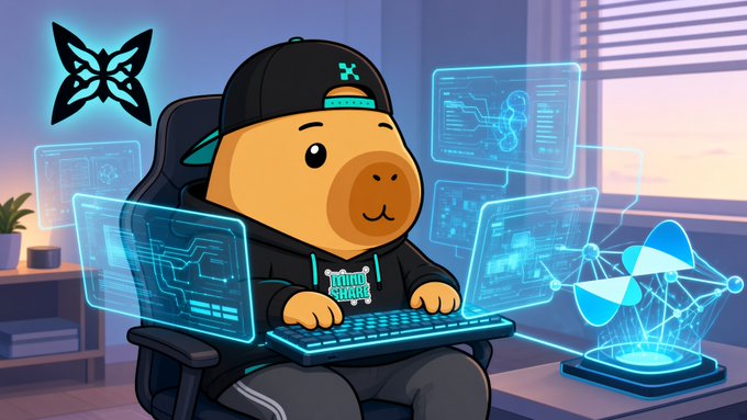 A cartoon capybara wearing a black cap and hoodie types on a glowing blue keyboard, surrounded by holographic tech interfaces and a butterfly logo.