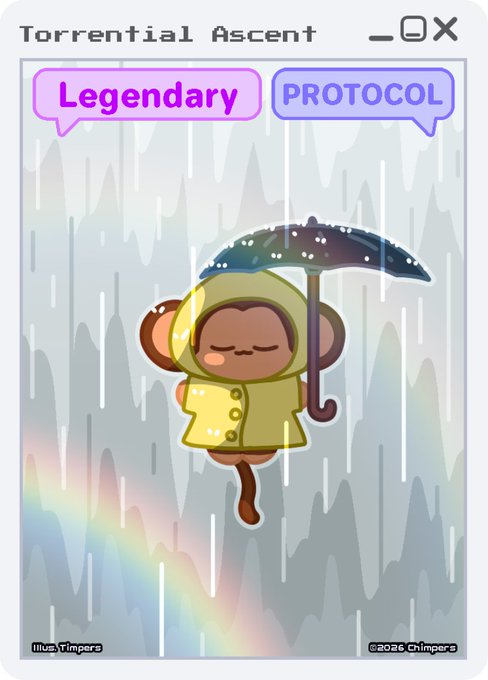 A digital trading card titled 'Torrential Ascent' featuring a cute monkey in a yellow raincoat holding an umbrella, labeled 'Legendary' and 'PROTOCOL'.