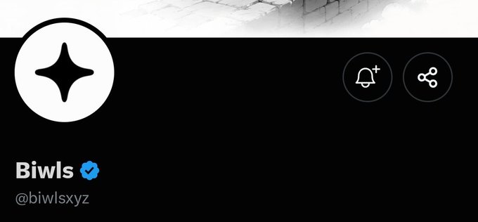 A Twitter/X profile for "Biwls" (@biwlsxyz) with a verified blue checkmark, featuring a black circular avatar with a white sparkle icon and notification/share icons on the right side, displayed against a black background banner suggesting an upcoming NFT mint announcement.