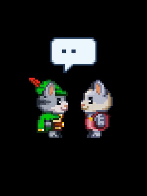 Two pixel-art rabbit characters, one dressed as Robin Hood in green and the other as a knight in silver armor, stand facing each other beneath a speech bubble with two dots.