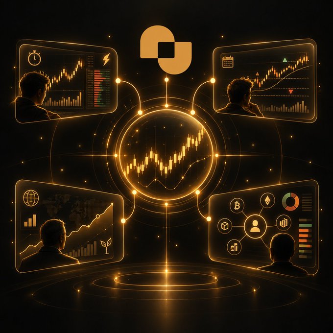 An orange-themed digital illustration shows a central glowing globe displaying a candlestick chart, surrounded by four monitors showing various financial graphs and silhouetted figures.