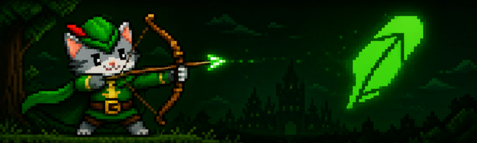 Pixel art of a gray cat dressed as Link from The Legend of Zelda, wearing a green tunic and hat, shooting a glowing green arrow at a green leaf-shaped target against a dark forest backdrop.