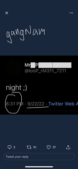 The image shows a Twitter post from user @looP_rM311_7211 with the text "night ;)" written above a timestamp of 8:31 PM on 9/22/22, with handwritten "gangnam" scrawled above the post. The post appears to express bullish sentiment for XRP, suggesting a potential price lift-off in late September, though the simple goodnight message in the image itself shows no obvious connection to the accompanying XRP market commentary.