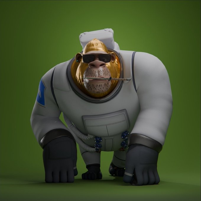 A 3D render of an anthropomorphic monkey wearing a grey spacesuit, sunglasses, and a sailor cap, posed on all fours against a green background.