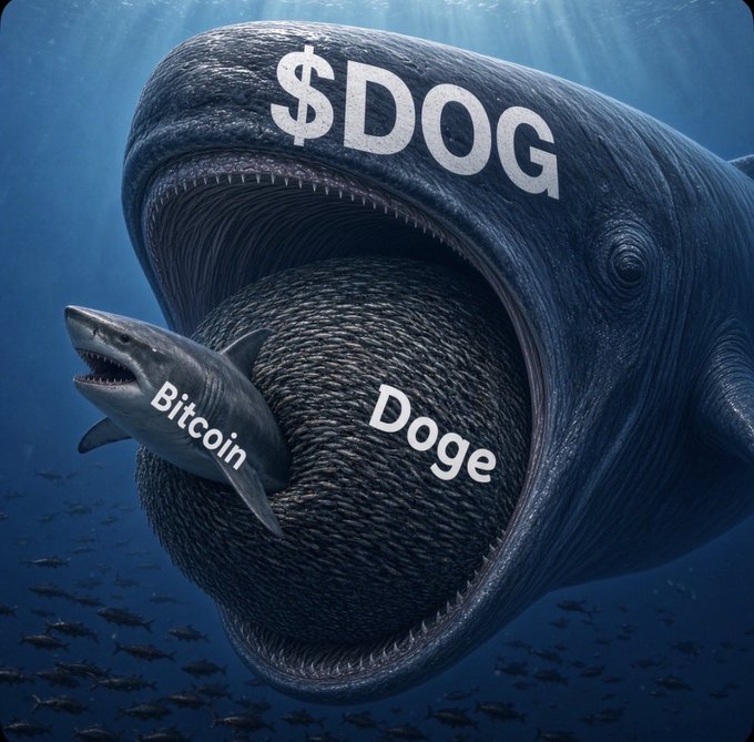 A meme showing a large whale labeled '$DOG' with its mouth open, about to swallow a smaller shark labeled 'Bitcoin', with a bait ball of fish labeled 'Doge' inside the whale's mouth.