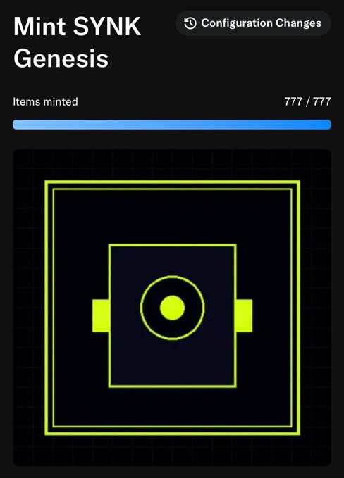 A digital screen showing "Mint SYNK Genesis" with "Items minted: 777 / 777" fully sold out, displaying a green geometric design with a central eye-like symbol on a dark background.