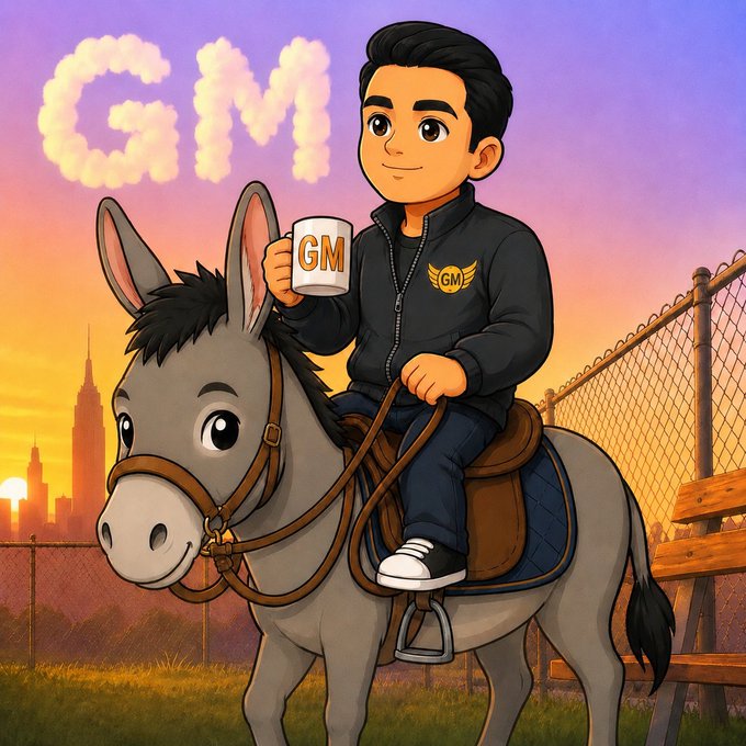 A cartoon-style illustration of a young man holding a 'GM' mug while riding a donkey, with 'GM' written in clouds against a sunset cityscape.