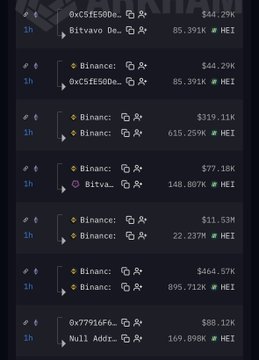 A cryptocurrency tracking interface displays multiple large $HEI transactions occurring across major exchanges like Binance and Bitavo within the past hour, with notable amounts including $44.29K (85.391K HEI), $319.1K (615.259K HEI), and $464.57K (895.712K HEI), illustrating the significant exchange activity referenced in the post about increased cold wallet movements.