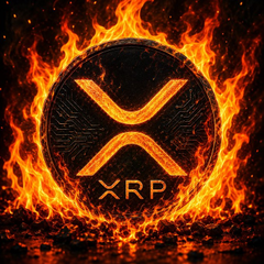 A dark circular XRP cryptocurrency logo engulfed in orange and yellow flames against a black background.