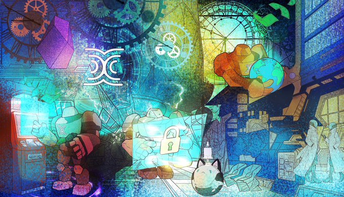 A vibrant, glitchy digital artwork displays a cluttered room filled with screens and characters bathed in neon blue, green, and red lighting, featuring a prominent padlock icon in the center.
