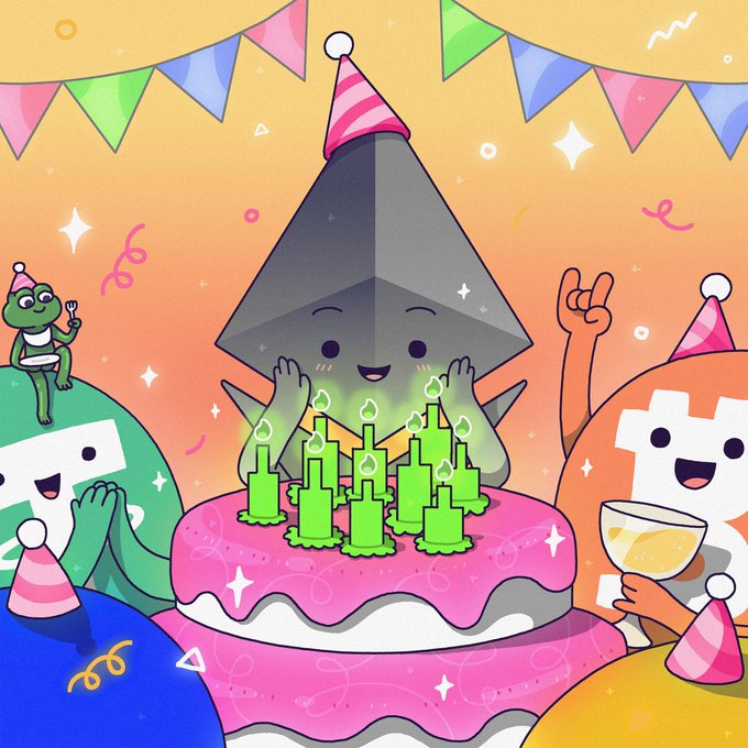 A colorful cartoon birthday celebration features a pyramid-shaped character wearing a party hat standing behind a pink cake with green candles, surrounded by other mascot characters and festive decorations.