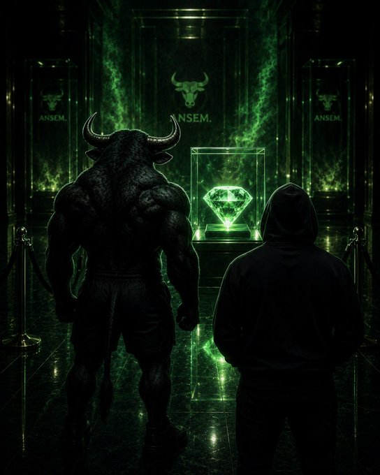 A muscular minotaur and a hooded figure stand before a glowing green diamond displayed in a glass case under the "ANSEM" logo, symbolizing the allure of crypto wealth. The image reflects the post's message about how on-chain participants are enticed by flashy, speculative gains ("diamonds") rather than embracing genuine, disciplined work—much like gamblers drawn to a glowing prize.