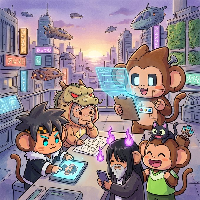 A cartoon illustration of monkey characters in a futuristic city setting, working on tablets and blueprints, one looking at a "ROADMAP" hologram, with flying vehicles and a sunset in the background.