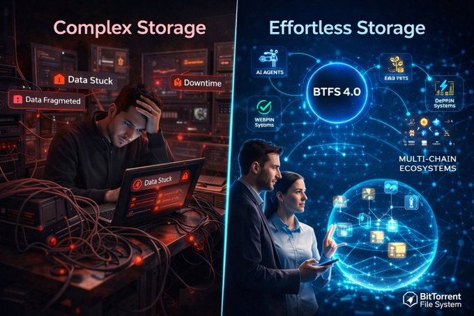 The image shows a comparison between complex storage solutions (like BTFS) and more straightforward storage options, such as a laptop computer. The two images are side by side with text overlaying them that explains the differences between the two types of storage systems.