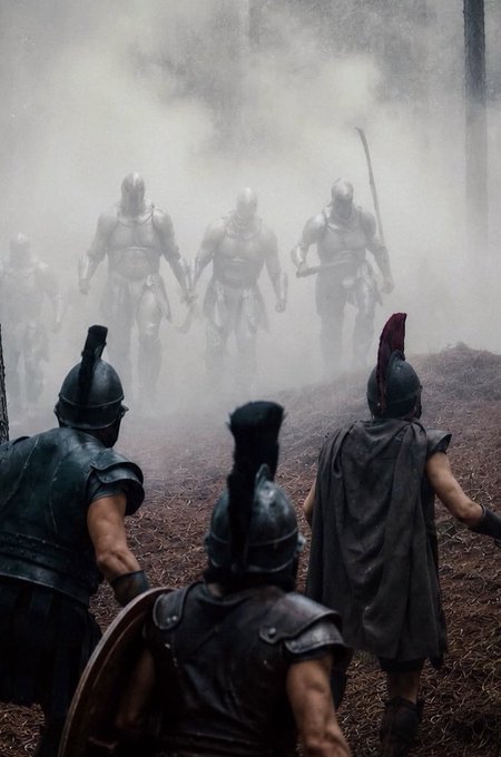 A cinematic scene of Roman soldiers in armor facing ghostly armored figures emerging from a thick, foggy landscape.