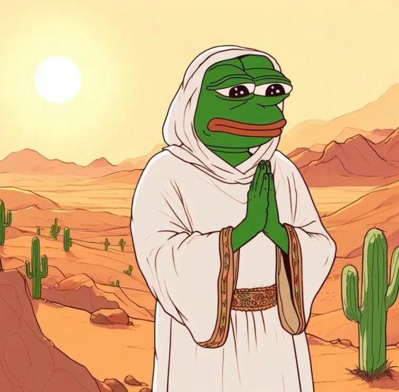 An illustration of the Pepe the Frog character dressed in white robes with hands pressed together in a prayer pose, standing in a desert landscape with cacti and a sun.