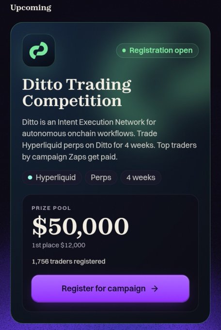 A mobile app screen displaying an 'Upcoming' campaign card for the 'Ditto Trading Competition' offering a $50,000 prize pool for trading Hyperliquid perps over 4 weeks, with a 'Registration open' badge and a 'Register for campaign' button.