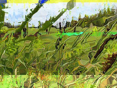 An abstract, heavily textured image displays a swirling pattern of greens and yellows, resembling foliage or a field rendered in thick, expressive brushstrokes with hints of a sky at the top.