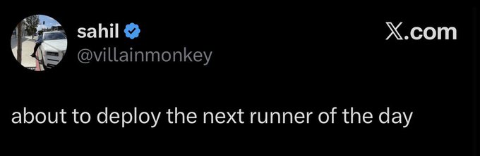 A tweet from verified user Sahil (@villainmonkey) reading "about to deploy the next runner of the day" on X.com, aligning with the post's theme of sharing daily crypto runner signals amid a brewing memecoin season.