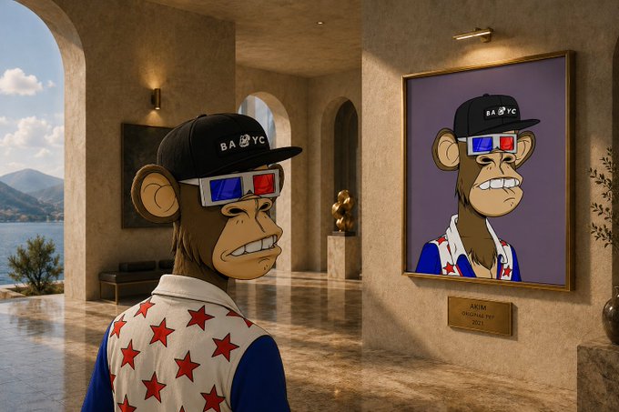A Bored Ape NFT character wearing 3D glasses and a "BAYC" cap stands inside a luxurious museum, viewing a framed self-portrait of itself mounted on the wall with a plaque labeled "AKIM CHRONICLES NFT 2025." The scene humorously depicts the NFT character appreciating its own art in a gallery setting, referenced by the caption "Museum mode."