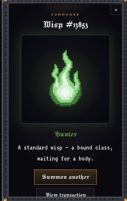 A digital game interface showing a summoned 'Wisp #13853' classified as a Hunter, described as 'A standard wisp - a bound class, waiting for a body,' with options to 'Summon another' or 'View transaction'.