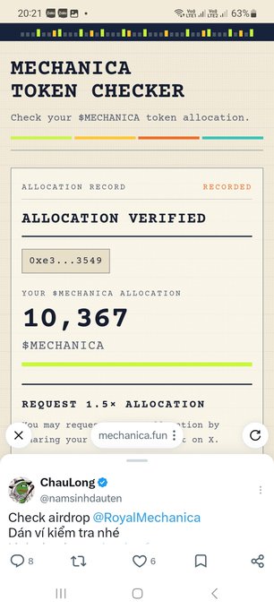 A mobile screen showing a 'MECHANICA TOKEN CHECKER' with 10,367 $MECHANICA tokens allocated and verified, alongside a tweet by 'ChauLong' (@namsinhdauten) directing users to check the airdrop.