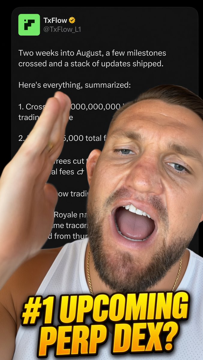A man with an exaggerated shocked expression holds his hand to his head in front of a tweet from @TxFlow_L1 highlighting milestones like crossing $X,000,000,000 in trading volume, while bold text reads "#1 UPCOMING PERP DEX?"—visually emphasizing the post's claim that TxFlow could be the next major perpetual DEX.