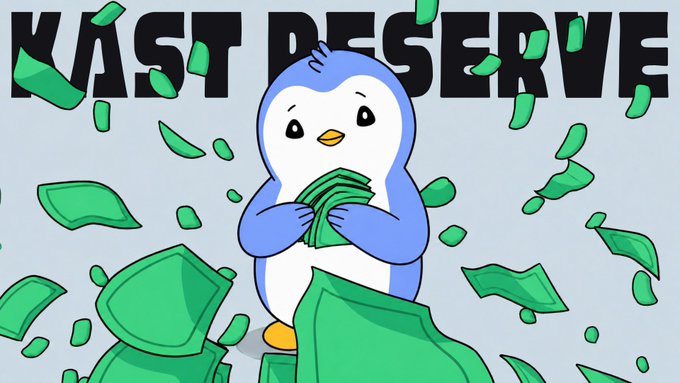 A cartoon penguin character clutches a stack of green money bills while surrounded by falling cash, with the bold black text 'VAST RESERVE' displayed across the top.