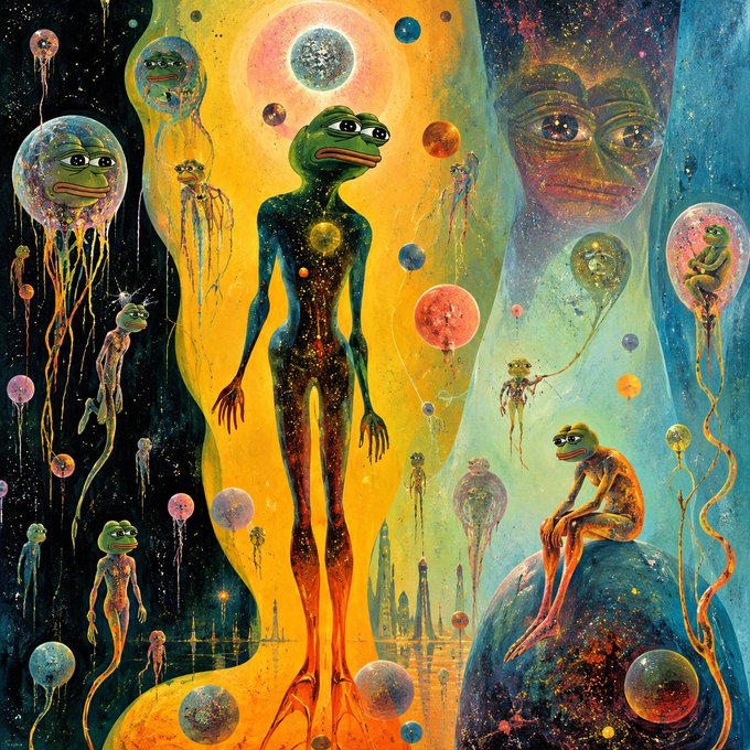 A vibrant, surreal painting featuring tall frog-like humanoid figures, floating bubbles, celestial bodies, and a large face, set against a starry cosmic background with yellow and blue tones.