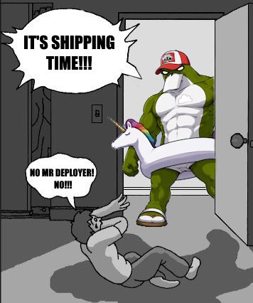 The image features an animated scene with two characters, a man and a green dinosaur (or alligator). The man is lying down while the dinosaur stands over him, appearing to be pushing or shoving him. There are also text elements in the image that read "It's Shipping Time!" and "No Mr. Deployer!". This suggests that there might be an ongoing discussion about the delivery of a package or product, possibly related to the cartoon characters' situation.
