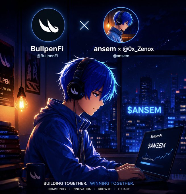A promotional graphic for 'BullpenFi' (@BullpenFi) collaboration with 'ansem' (@ansem), depicting an anime-style blue-haired character wearing headphones and working on a laptop displaying '$ANSEM', with the tagline 'BUILDING TOGETHER. WINNING TOGETHER.' and values 'COMMUNITY · INNOVATION · GROWTH · LEGACY'.