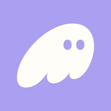 A simple white ghost-like illustration with two purple oval eyes against a solid purple background.