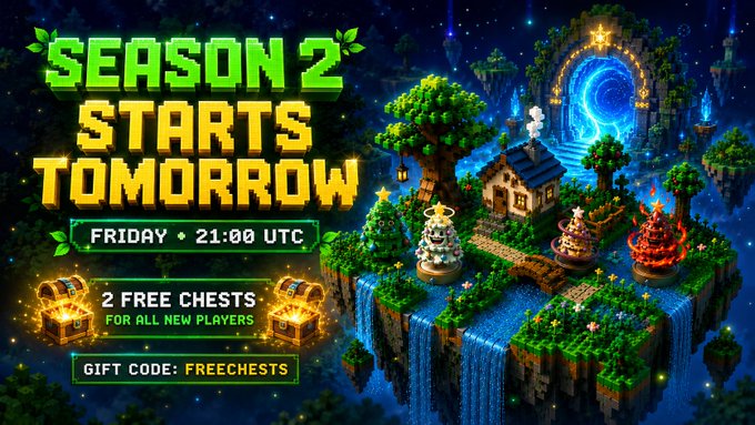 Pixel-art game promotional graphic announcing 'Season 2 Starts Tomorrow Friday 21:00 UTC' with '2 Free Chests for All New Players' using gift code FREECHESTS.