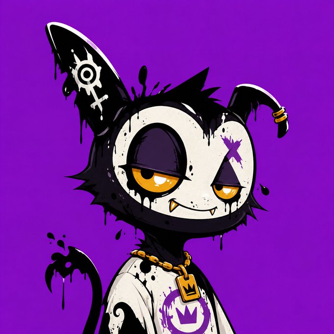 A cartoon-style illustration depicts a mischievous black and white cat-like creature with dripping ink effects, yellow eyes, a gold chain with a crown pendant, and symbols on its ears against a solid purple background.