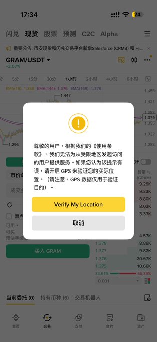 A mobile screenshot shows a Binance trading app displaying a "GRAM/USDT" chart at $1.378, with a pop-up message in Chinese indicating the service is unavailable in the user's region and requesting GPS verification, alongside a "Verify My Location" button—directly illustrating why Binance cannot be used in Hong Kong due to regional restrictions.
