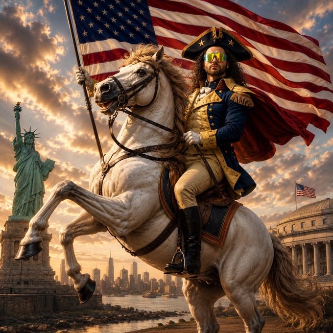 A patriotic figure in an 18th-century military uniform and mirrored sunglasses rides a rearing white horse, holding a large American flag with the Statue of Liberty and a classical government building in the background. The image's bold, triumphant imagery and novelty aesthetic complement the post's humorous tone about "being an honor" among $Mog coin enthusiasts, using over-the-top American symbolism to amplify the meme's playful patriotism.