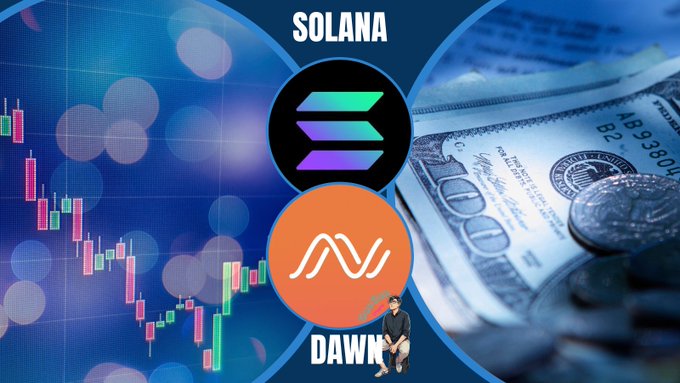 A graphic for Solana showing the SOL logo, the 'DAWN' logo with a man sitting, a stock market candlestick chart, and a $100 bill, suggesting a connection between crypto and traditional finance.