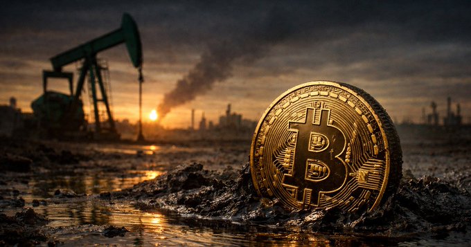 A dramatic image features a large golden Bitcoin coin partially embedded in dark mud, with an oil pumpjack silhouetted against a fiery sunset and a city skyline in the background.