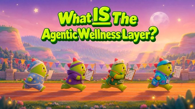 A colorful 3D-rendered image asking 'What IS The Agentic Wellness Layer?' showing four small green characters in hoodies running across a racetrack, each holding a clipboard.