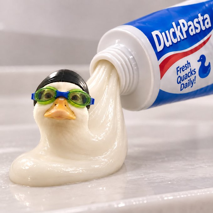 A surreal product advertisement for 'DuckPasta - Fresh Quacks Daily!' showing a tube of cream being squeezed out, with a rubber duck wearing swimming goggles forming part of the creamy shape.