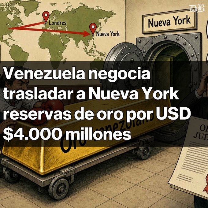 A Spanish-language news illustration showing gold bars labeled 'Venezuela' being moved into a vault marked 'Nueva York,' with text reading 'Venezuela negocia trasladar a Nueva York reservas de oro por USD $4.000 millones' (Venezuela negotiates moving gold reserves to New York worth USD $4 billion).