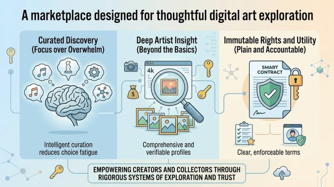 An infographic titled 'A marketplace designed for thoughtful digital art exploration' highlights three features: Curated Discovery, Deep Artist Insight, and Immutable Rights and Utility.