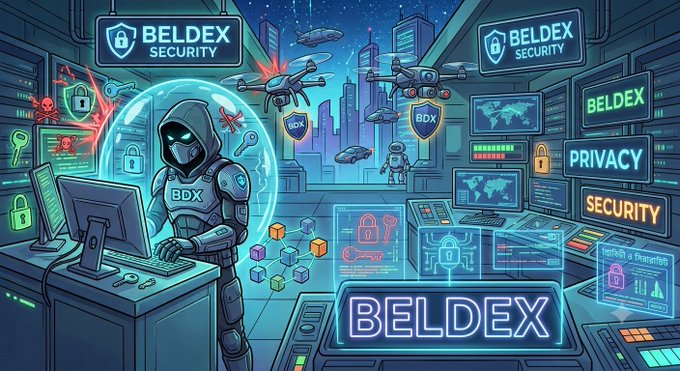 A cyberpunk-style promotional image for 'BELDEX SECURITY' showing a hooded figure at a computer terminal surrounded by drones, shields, and digital security icons.