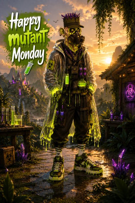 Stylized 'Happy Mutant Monday' artwork featuring a bearded figure in a hazmat suit covered in glowing green ooze, set in a post-apocalyptic landscape with biohazard symbols.