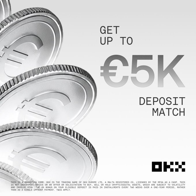 A promotional advertisement from OKX featuring stacked Euro coins alongside text promoting a "GET UP TO €5K DEPOSIT MATCH" bonus offer, including standard marketing disclaimers about crypto asset risks at the bottom. The image visually supports the post's breakdown of the tiered deposit bonus rewards offered by OKX.